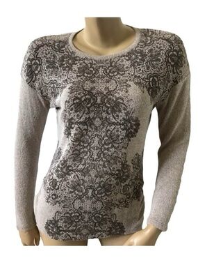 French Blue Sweater Womens PS Petite Floral Crewneck Long Sleeve Knit Top